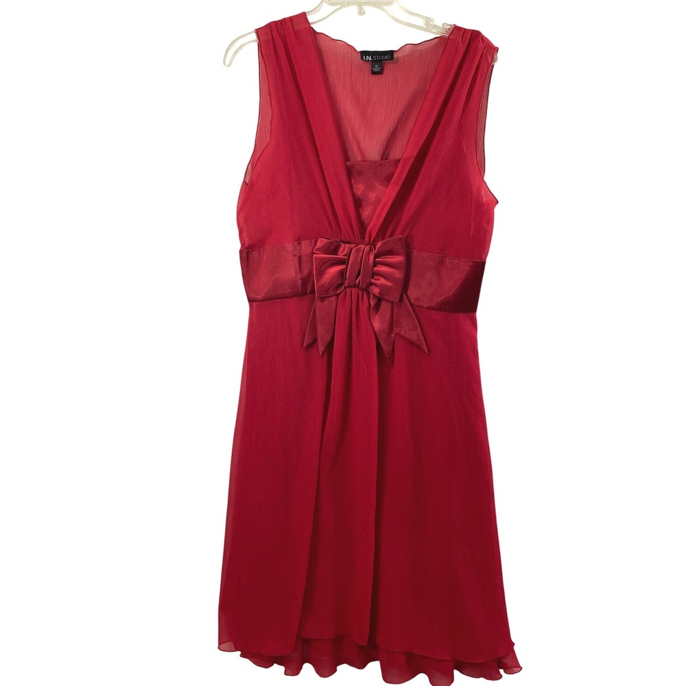 Women Dress Size 14 Red Empire Waist Chiffon Satin Bow Holiday Party Flowy Event